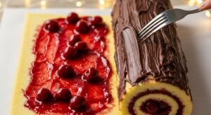 Garfo criando textura de casca de árvore na cobertura de chocolate do Bûche de Noël