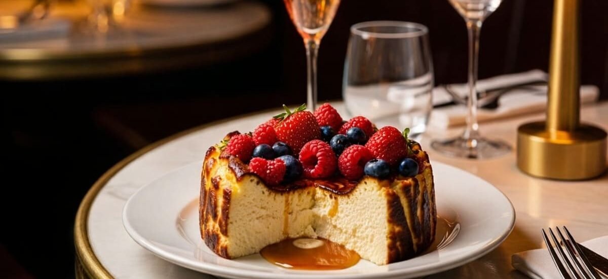 Sobremesa basca: cheesecake queimado com frutas vermelhas e bordas crocantes
