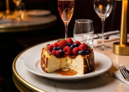 Sobremesa basca: cheesecake queimado com frutas vermelhas e bordas crocantes