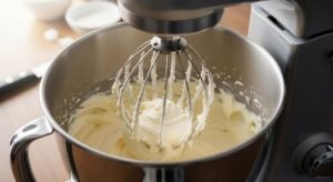 Cream cheese batido com açúcar até cremoso liso para base de Cheesecake Basco