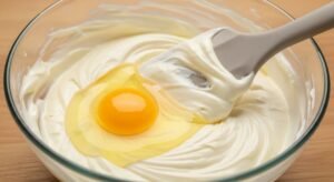 Ovos sendo adicionados um a um ao creme de Cheesecake Basco Queimado