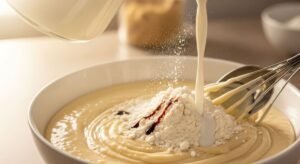 Creme de leite, baunilha e farinha peneirada sendo incorporados à massa do cheesecake