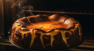 Cheesecake Basco recém-assado com topo dourado caramelizado intenso Título: Assando o cheesecake a 230°C