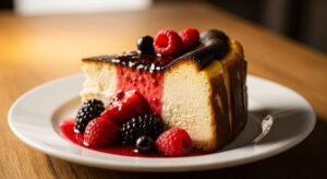 Calda vibrante de frutas vermelhas sobre Cheesecake Basco Queimado fatiado